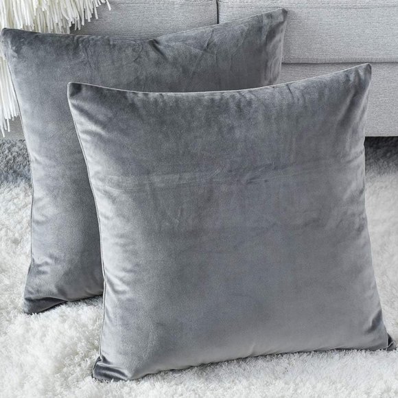 Set of 2 Gray Soft Velvet Pillow Covers Zip Grey Throw Pillows 18 Inch Square - Picture 6 of 10